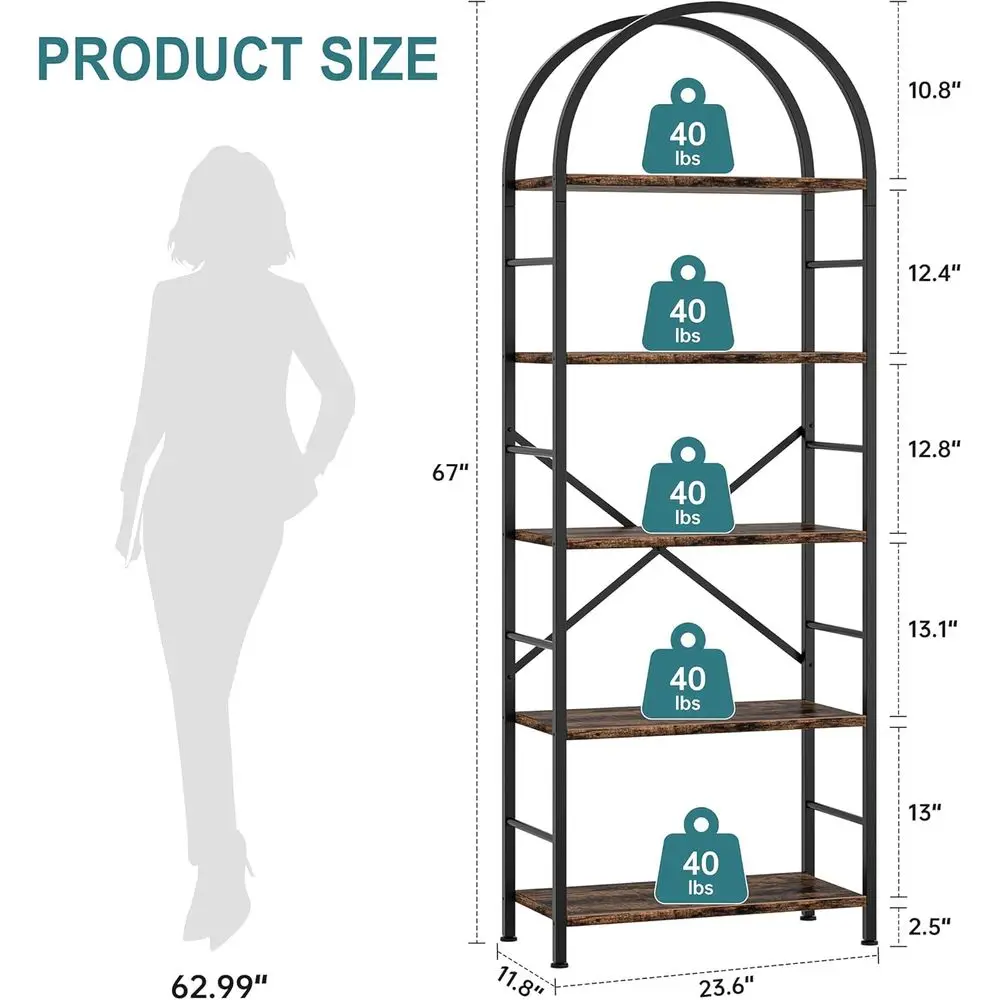 5-Tier Arched Bookshelf - Rustic Brown, Storage Organizer for Home Office and Living Spaces