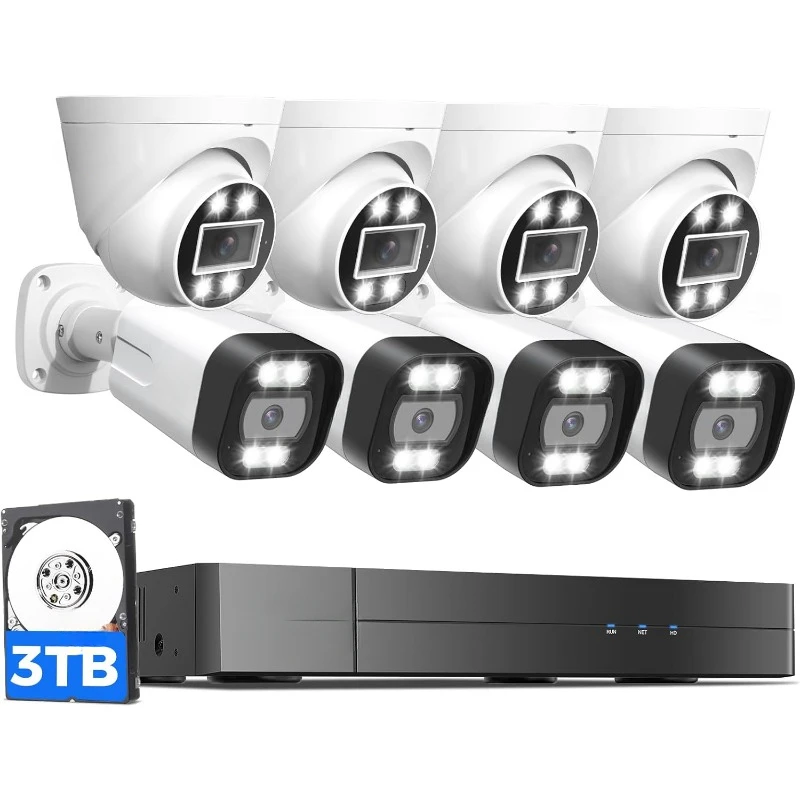 4K Security Camera System,8pcs 5MP PoE Security Cameras Wired Outdoor,Human Vehicle Detect,Color Night Vision