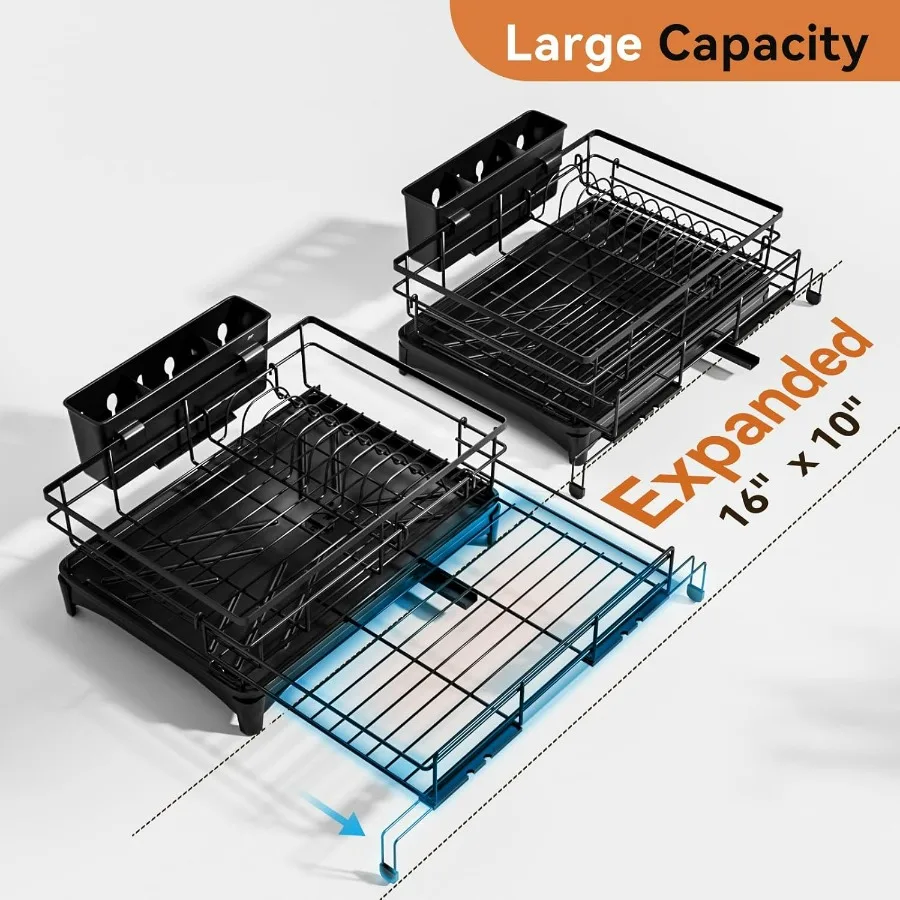 رف تجفيف الأطباق - رف قابل للتوسيع، مصفاة أطباق ذات سعة كبيرة لطاولة المطبخ، مقاومة للصدأ مع حامل أواني، أسود #2