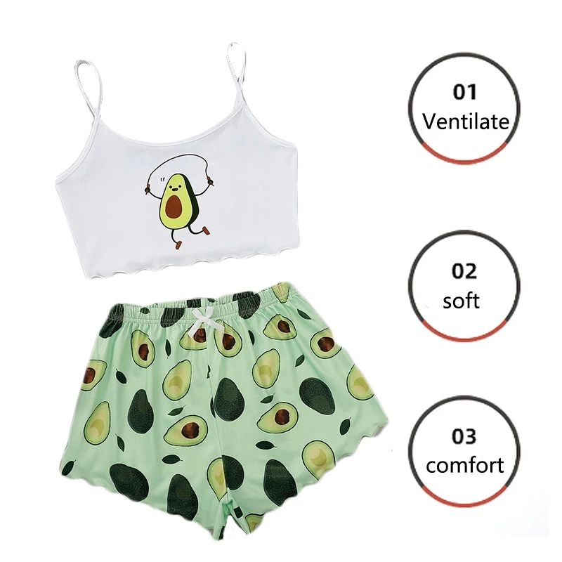 Summer Ladies Sexy Camisole Top Shorts Two Piece Avocado Printed Loungewear Sleeveless Tank Top Green Elastic Waist Women S M L