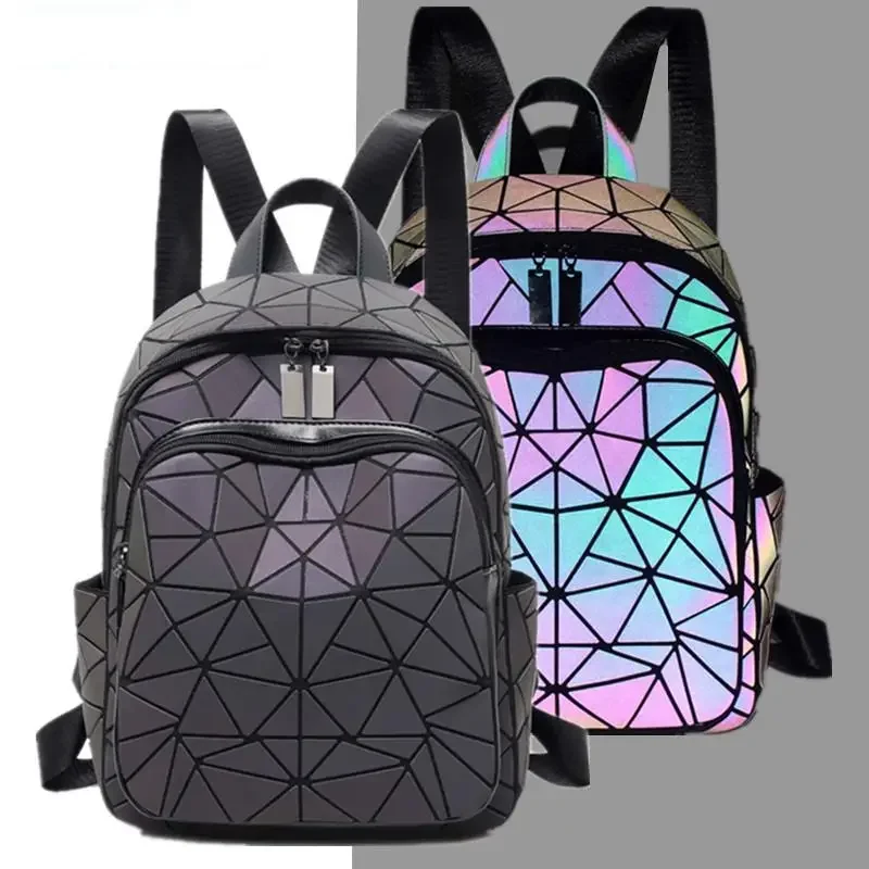 Zaino da donna luminoso di marca Borsa a tracolla da viaggio geometrica riflettente olografica Zaino pieghevole per scuola studentessa