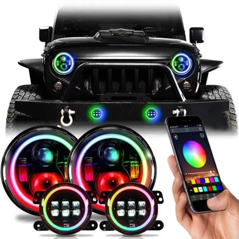 

Bluetooth APP+RF 7''LED Headlight and 4''Fog Light Kit Chasing RGB DRL and Yellow Turning Angel Eye Lighting for Jeep Wrangler