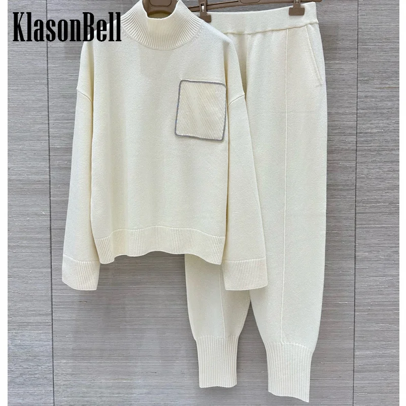 8.22 KlasonBell Women Sequins Bead Chain Pocket Turtleneck Knit Sweater + Elastic Waist Pants Cashmere Knit 2 Piece Casual Set