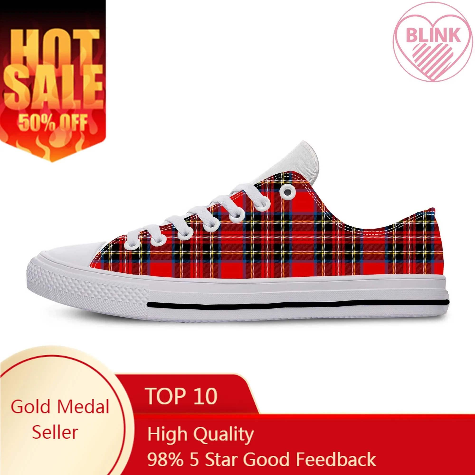 Red Scottish Stewart Clan Tartan Plaid Royal Funny Casual Cloth Shoes Low Top Comfortable Breathable 3D Print Men Women Sneakers