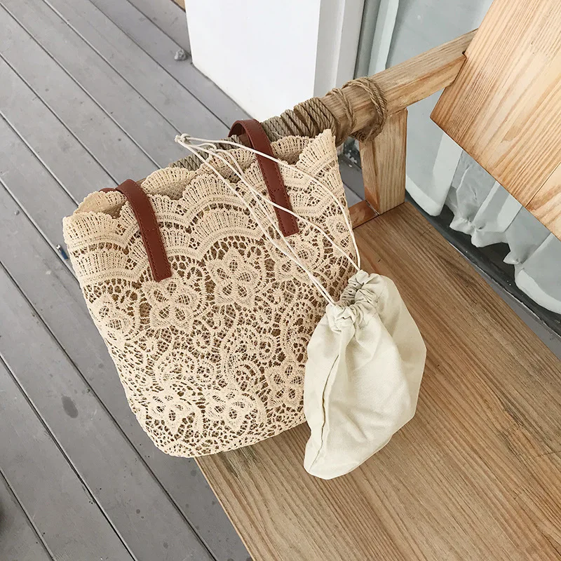 Bolso de hombro de encaje para mujer, bolsa de compras para chicas, de estilo coreano, informal, para viaje y playa, 2024