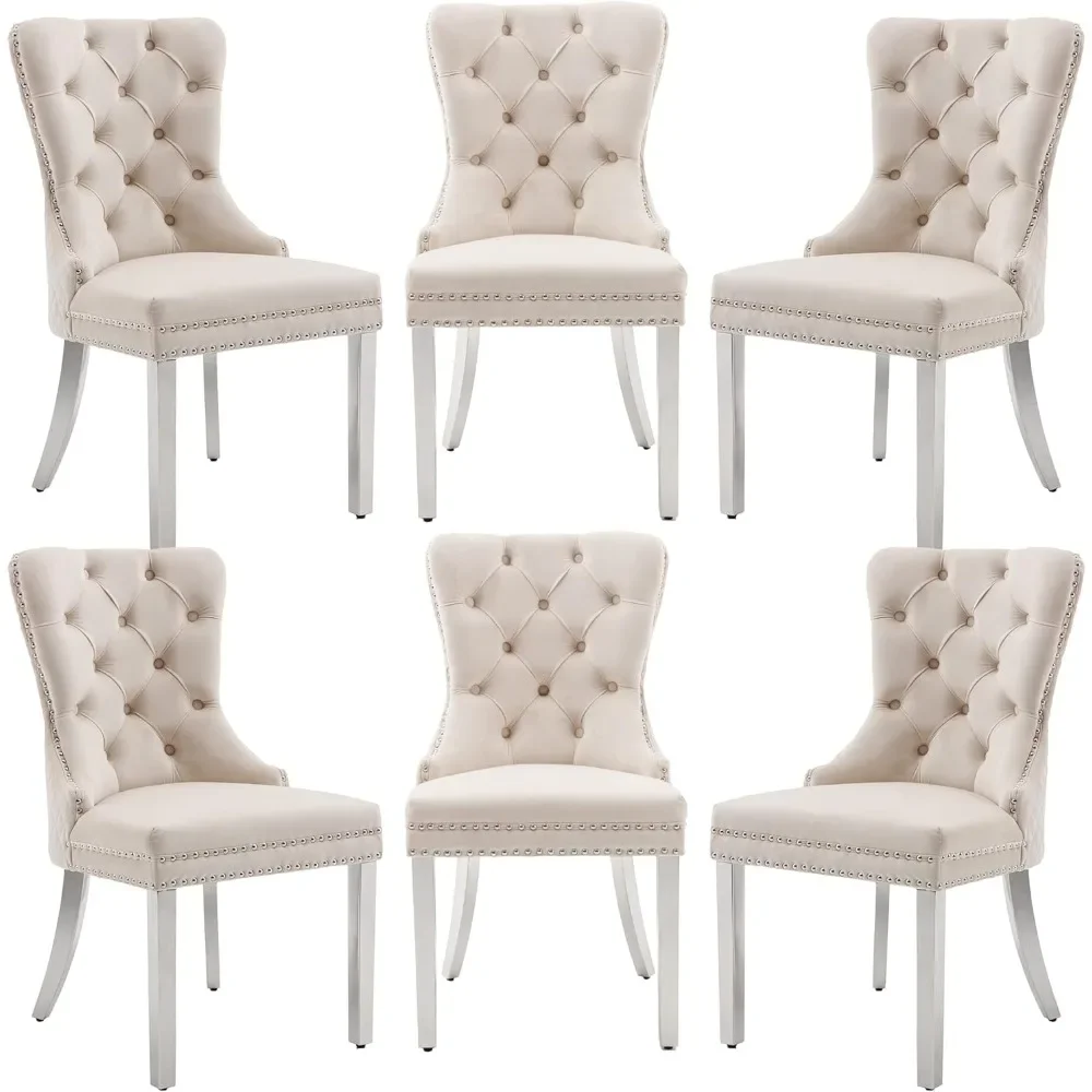 

Dining Chairs Set of 6, Velvet Tufted Dining Chairs Silver Legs & Nailhead Trim, Back Lion Head Pull Ring & Rhomboid Pattern