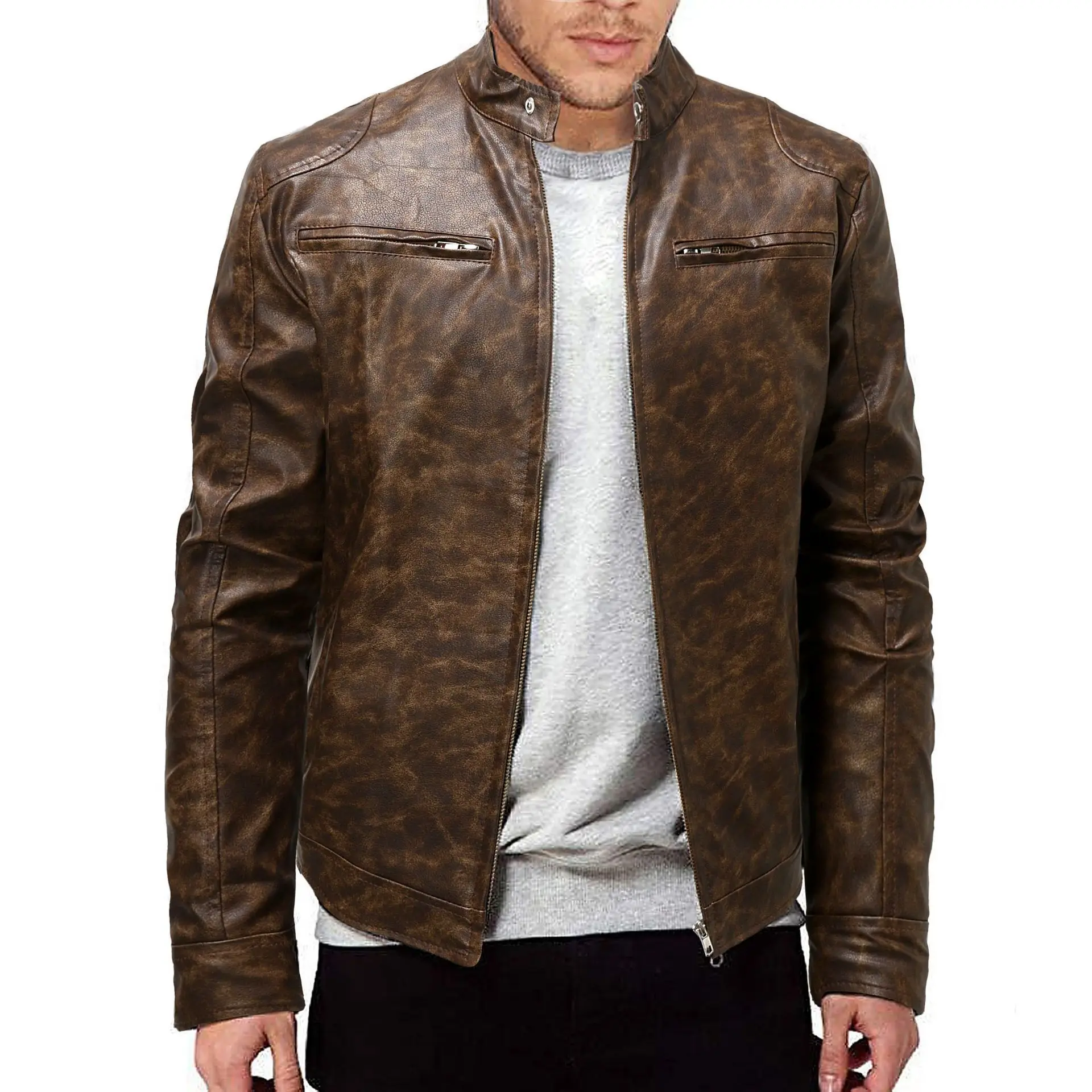 

Vintage Motorcycle Leather Jaet Men's Youth Standing Collar Punk Sle ort Coat Zipper Closure Printed Fake Leather Jaet