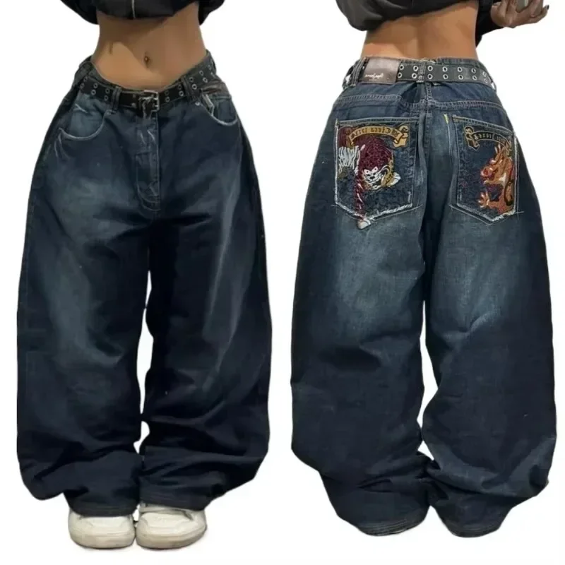 American Street Trend Brand Retro Pattern Baggy Jeans Y2K Hip-hop Harajuku Gothic Make Old Loose Women Denim Pants Streetwear