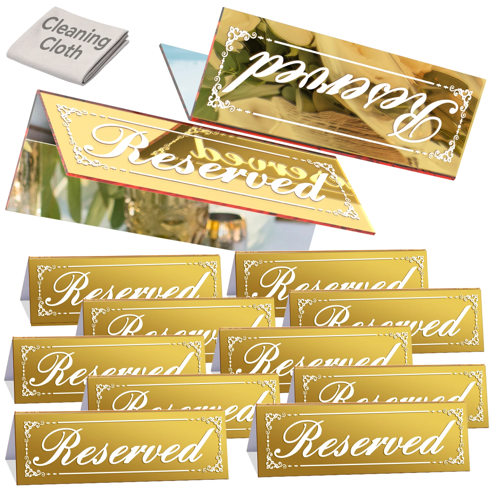 

12PCS Mirrored Double-Sided Acrylic Reserved Table Signs, Reserved Seating Signs Place Cards with Polishing Cloth, Reserved Sign