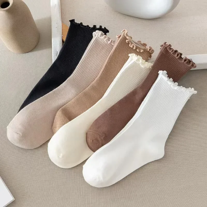 Loli Wood Ear Jk Socks Autumn/winter Solid Color Piled Up Socks Japanese Style Flower Edge Stockings Four Seasons Middle Tube