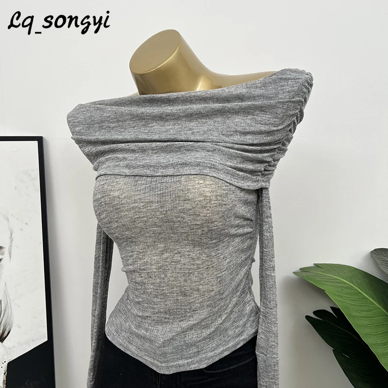 

Lq_songyi Sexy Thin ~ Slash Neck T Shirts Slim Top Korean Women Spring Autumn Long Sleeve Solid Tees Solid Thin Tight T-Shirt