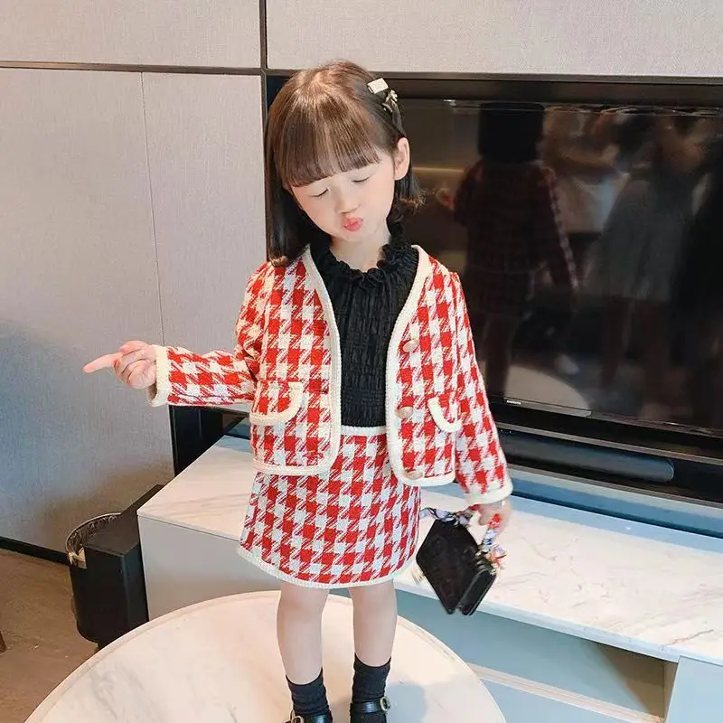 Fall Girls Sweaters Set autumn Winter Long-sleeved Plaid Top Skirt Two-piece Suit Baby clothes suit Toddler Girl dress set