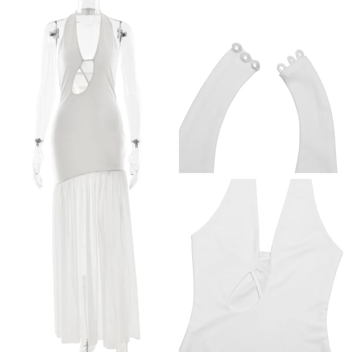 Absobe Sexy Halter Deep V Neck Cut Out Mesh Long Dress Women Elegant Backless Ruched Bodycon Gown Evening Party Wedding Outfit