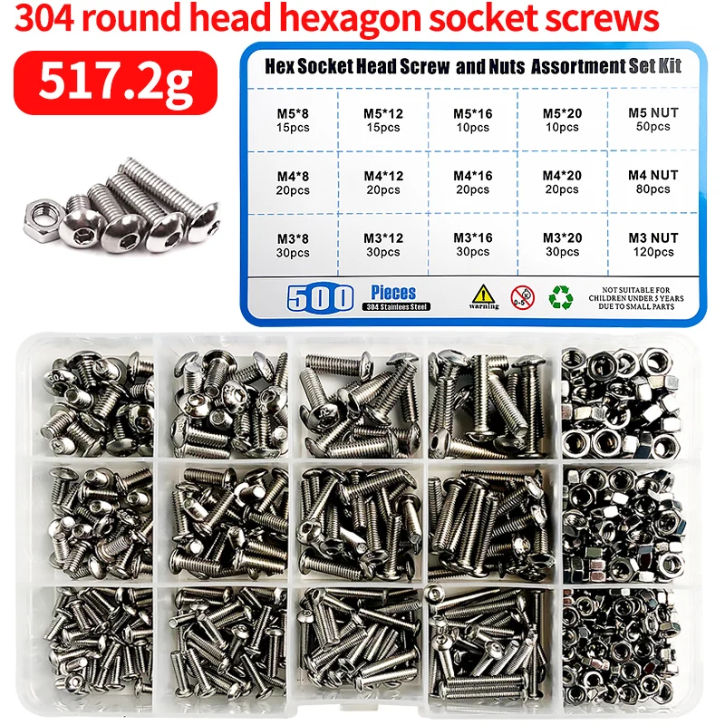 

500pcs/Box Hexagon Hex Socket Button Head Round Allen Bolt Screw 304 Stainless Steel M3 M4 M5