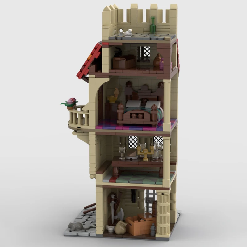 MOC-222046 Mittelalterliche Straße Ecke Baustein Modell Ziegel Turm Stil Multi Story Gebäude Partikel Set Kreative Geschenke 990P