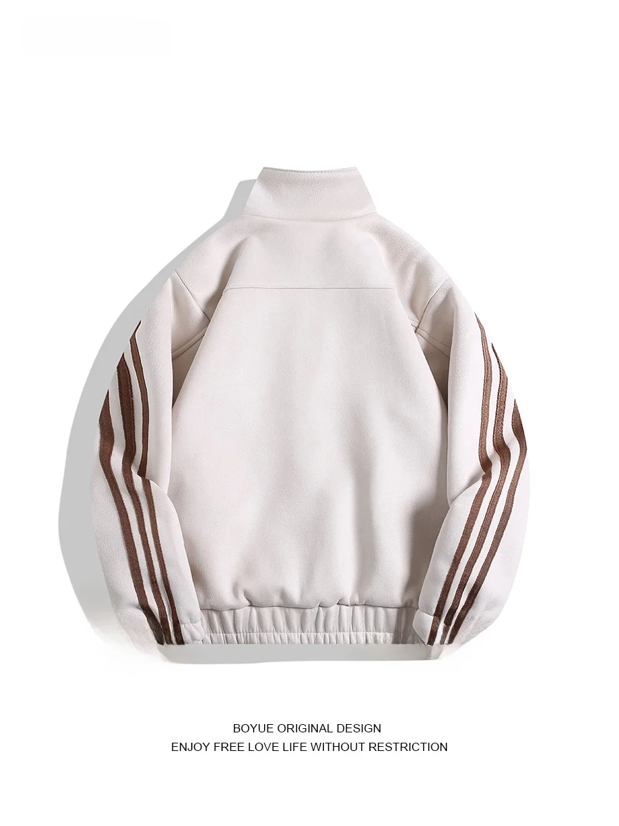 جاكيت رياضي صيني الطراز من الجلد المدبوغ بثلاثة خطوط للجنسين، جاكيت أنيق بأزرار وياقة عالية للشباب للارتداء اليومي