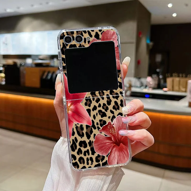 Retro Pink Hibiscus Flower Leopard Print Phone Case for Samsung Galaxy Z Flip 7 Flip6 5 4 3 5G Folding Cover for Z Flip7 Flip 5