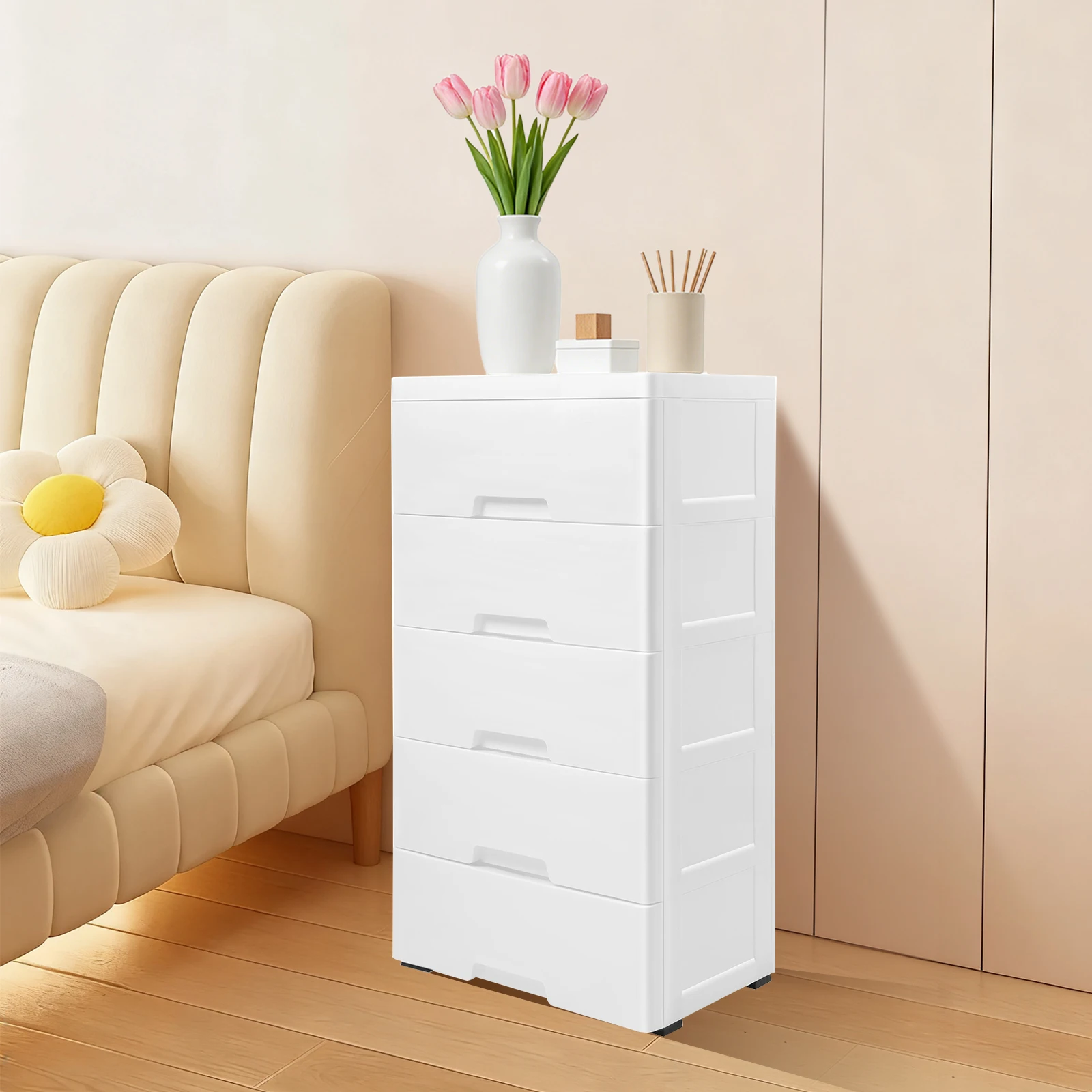 

Пластиковый комод с ящиками, 5-уровневый шкаф для хранения, 43,5x29x80 см, белый органайзер, прочный материал ПП, ударопрочный, вместимость 55 фунтов