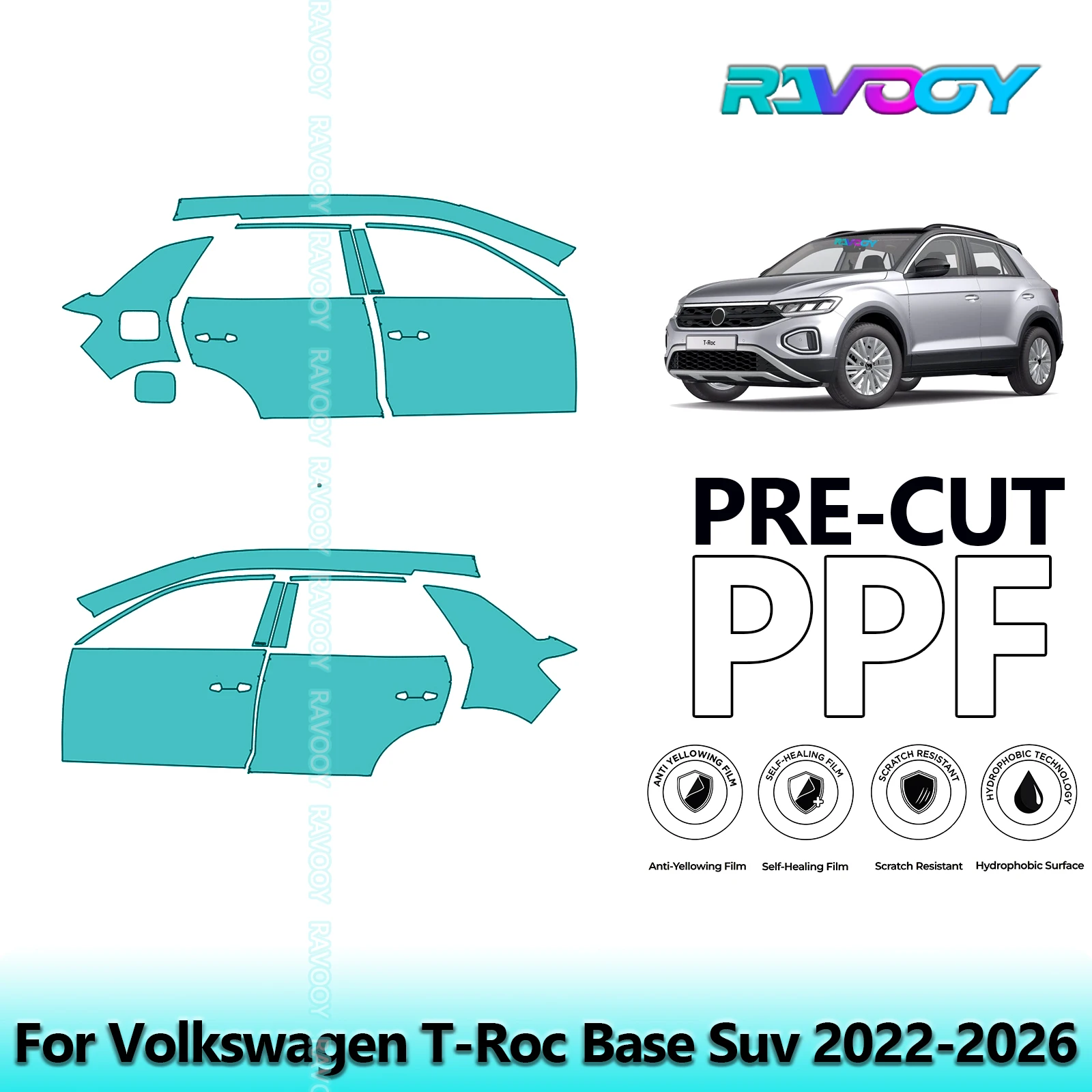 

For Volkswagen T-Roc Base Suv 2022-2026 8.5mil Clear Matte Pre-Cut PPF Door & A/B Pillar Kit TPU Paint Protection Film Set