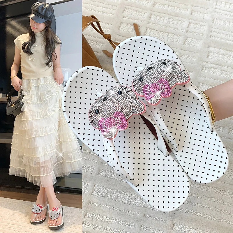 

Sanrio Hello Kitty Girls Flip Flops Women Summer Shining Slippers Dot Beach Sandals Sparkle Rhinestone Shoes Rubber Sole Comfort