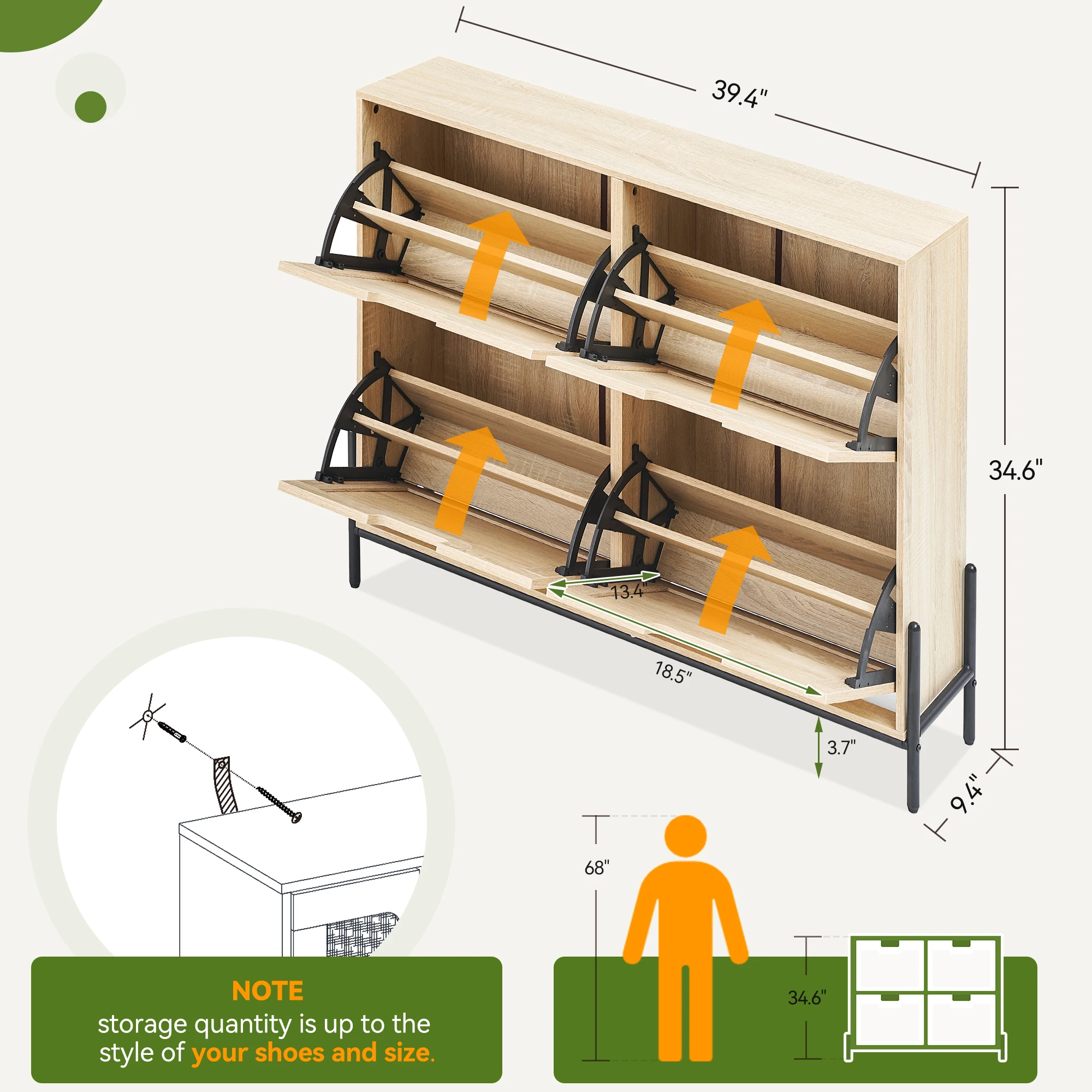 Narrow Rattan Shoe Storage Cabinet Entryway Shoes Cabinet with 4 Flip Doors Freestanding Shoe Rack Entryway Organizer