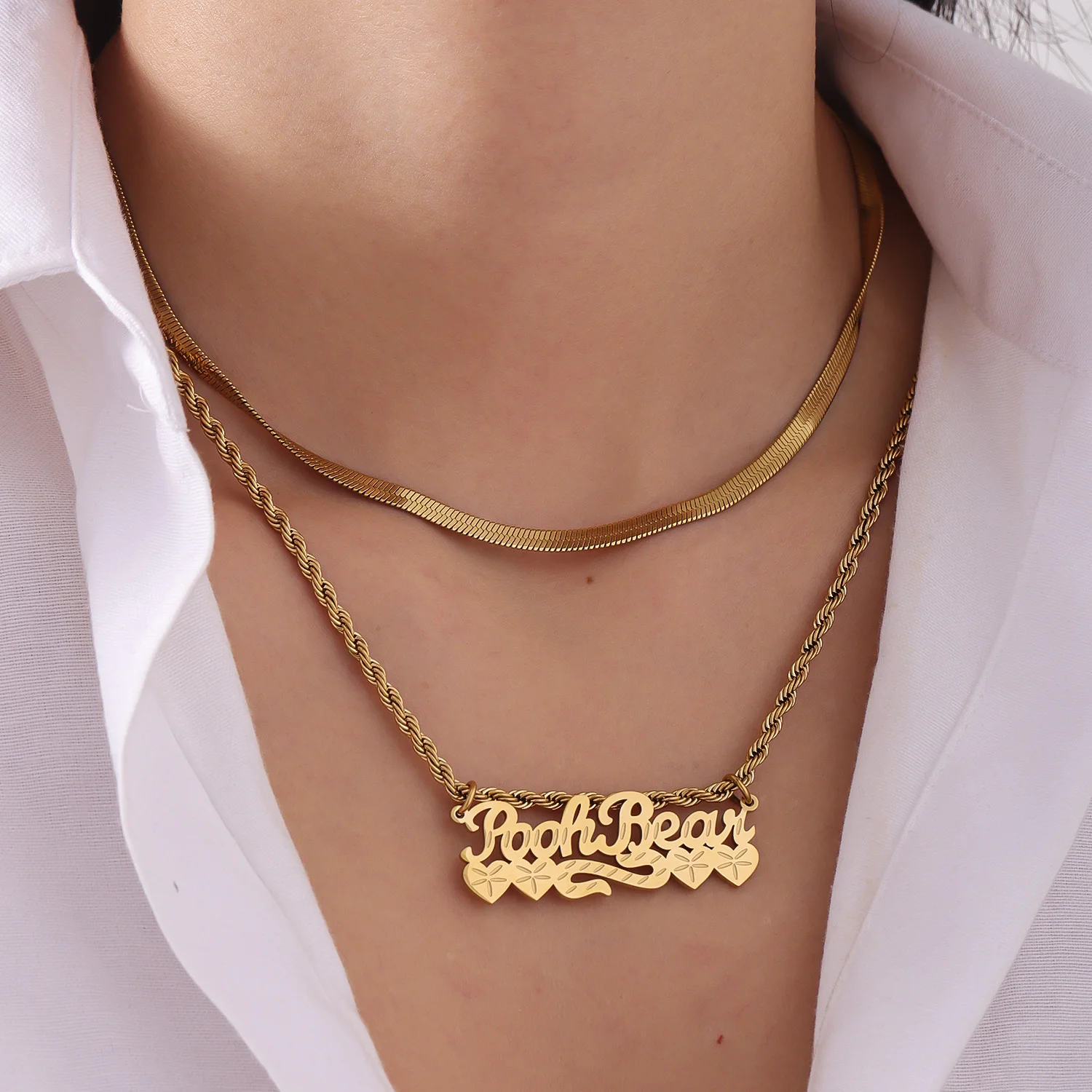 

Custom Name Necklace 18K Gold Plated Choker Stainless Steel Double Layer Stackable Pendant Snake Chain Anniversary Gift for Her