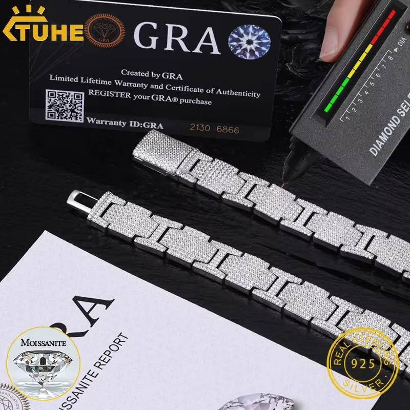 TUHE High quality Unisex VVS1 D Color Moissanite Watch chain Cuban Chain Bracelet  S925 Silver For Men Hip Hop Jewelry