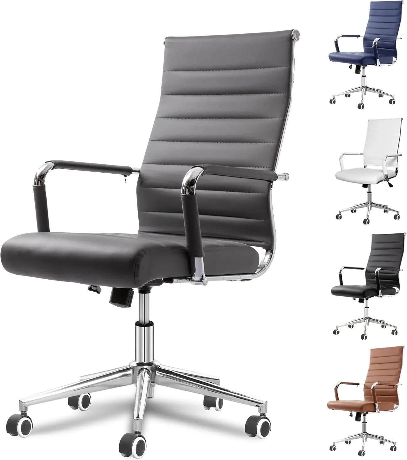 Grey Office Desk Chair, Ergonomic Leather Modern Conference Room Chairs, Executive Ribbed Height Adjustable Swivel Rolling Chair