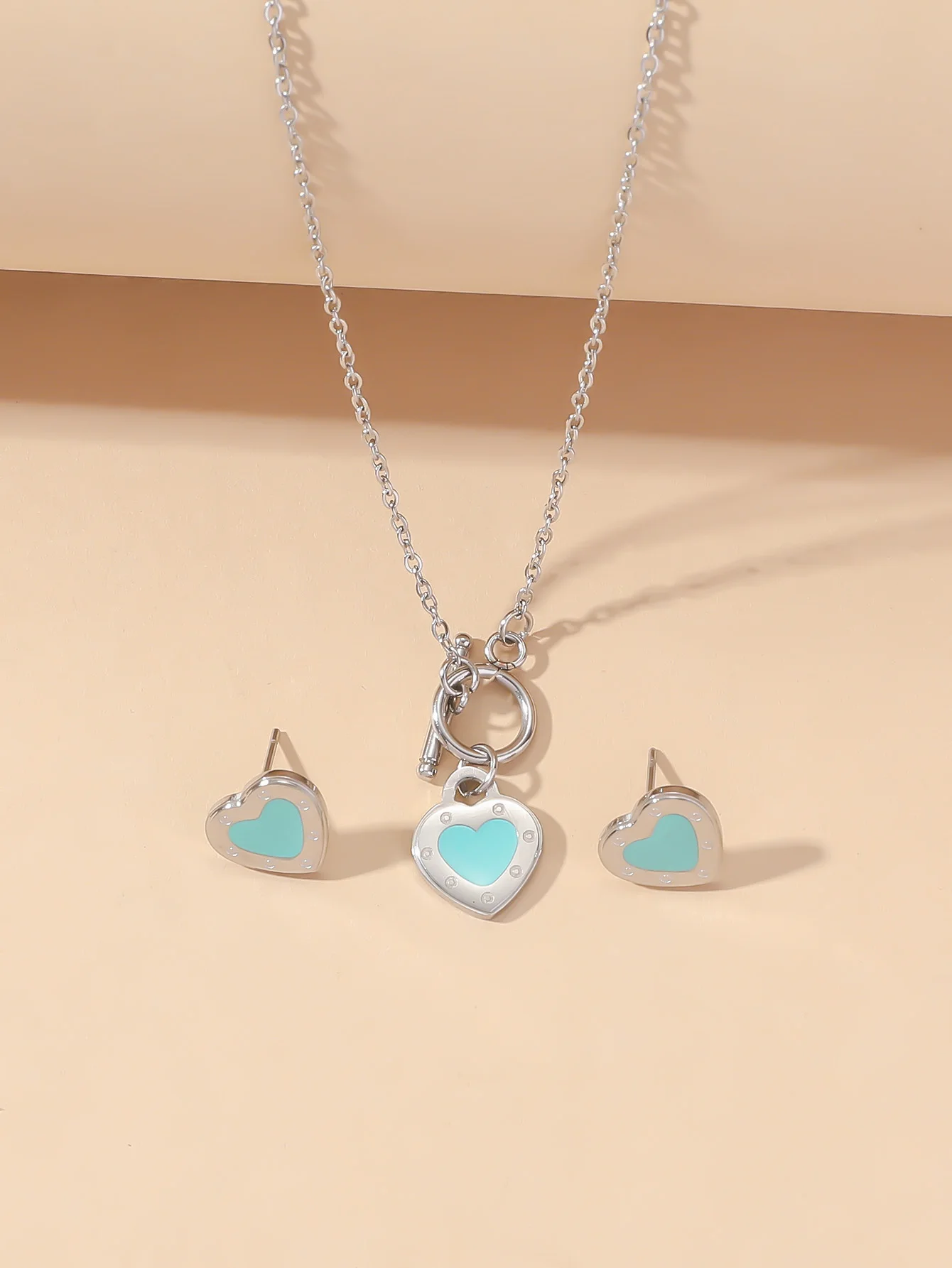 Fashion Enamel Blue Love Necklace Women\'s Heart shaped OT Buckle Pendant Earnail Set Women\'s Instagram