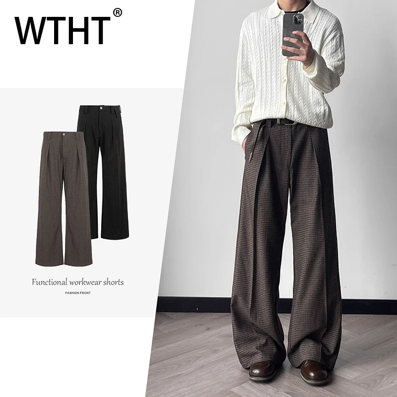 

WTHT Fashion Men's Solid Color Pleated Blazer Pants Trendy American Style High-waisted Straight Trousers Male 2025 Autumn 2A2399