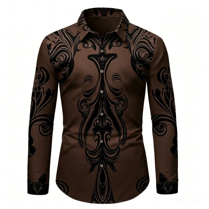 Vintage Gothic Swirl Pattern Mens Long Sleeve Shirts Luxury Baroque Floral Print Slim Fit Lapel Casual Night Club Prom Party Mal