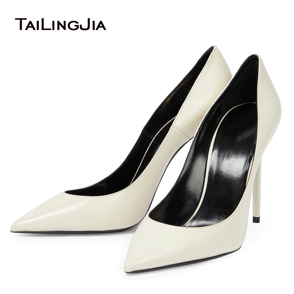 

Fashion Stiletto Heel Pointed Toe White PU Leather High Heels Elegant Ladies Pumps Wedding Shoes For Women Bride Large Size