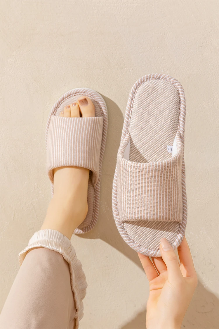 Herren Rutschfeste Leinen-Hausschuhe für Frühling und Sommer, Atmungsaktive Innenraumschuhe mit Offener Zehenpartie und Rutschfestem Streifendesign – Detail 14
