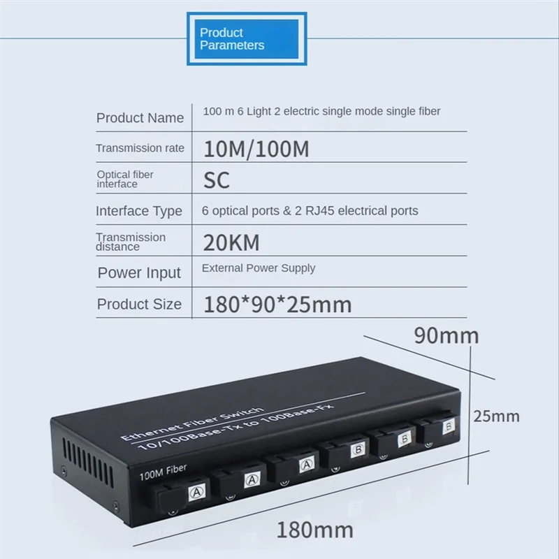 Beauty 6Port 10/100M Ethernet Switch 6 Fiber Port 25KM 2UTP RJ45 Fiber Optical Transceiver Optical Media Converter US Plug