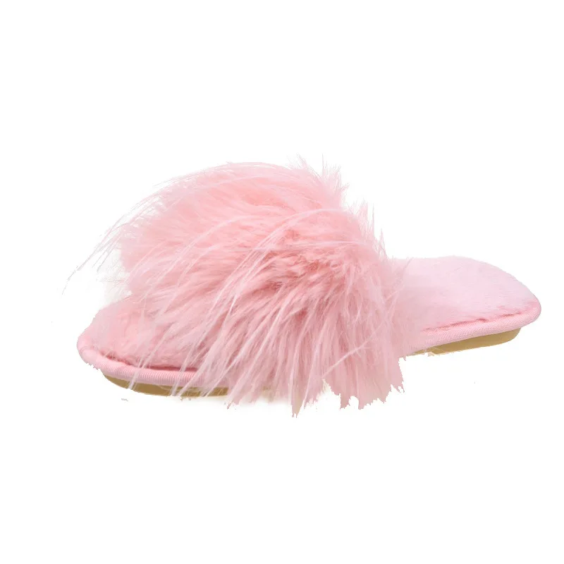 2023 New Autumn Women Slippers Feather Furry Casual Home Shoes Wedding Bride Fashion Flats Outdoor Beach Slides Female Footwear