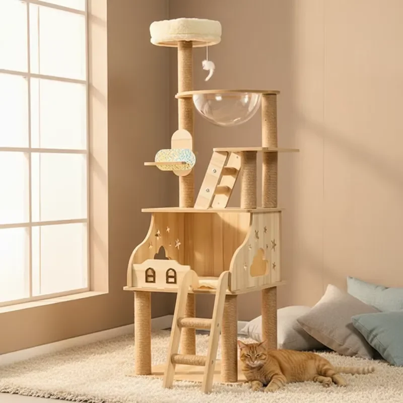 Factory Custom Hoopet Luxury Corrugated Paper Space Bed Wooden Cat Tree Scratching Tower Apartment Pet Furniture for Cats