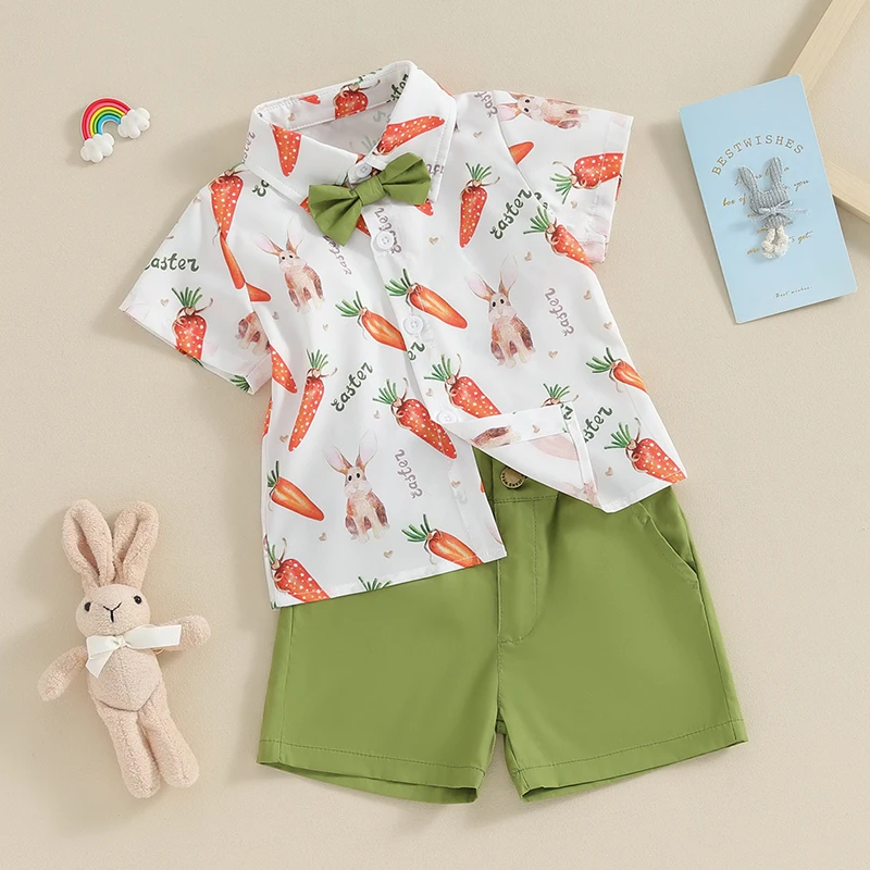 Baby Boys Easter Outfits Boys Easter Gentleman s Suit 2Pcs Shorts Set Tracksuit Carrot Rabbit Print Bowtie Short Sleeve Button