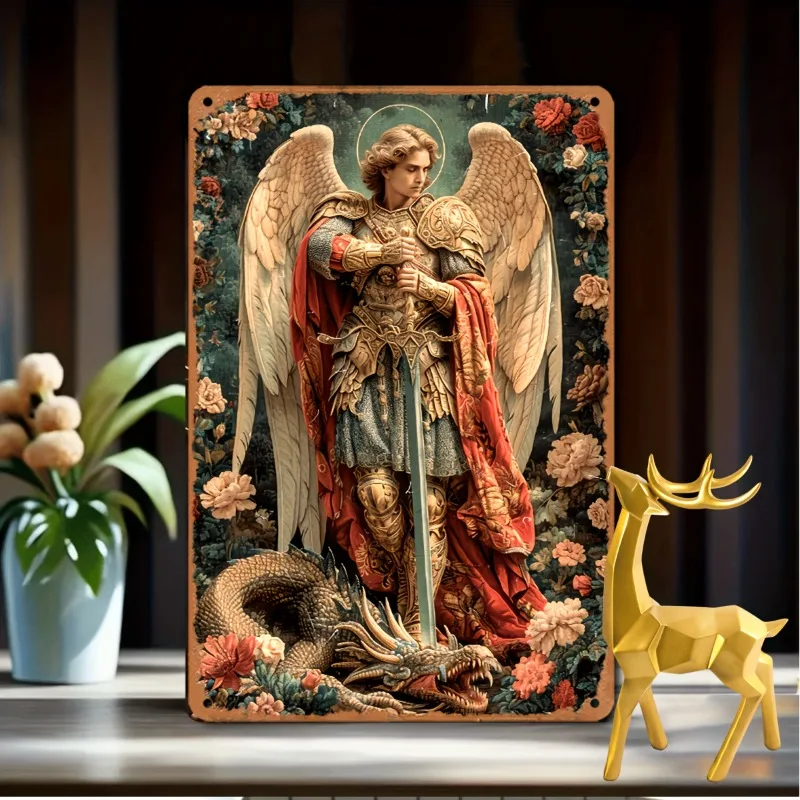 

Vintage Archangel Michael Metal Sign, Heroic Dragon Slayer Art, Christian & Islamic Wall Decor for Home, Yard, Bedroom