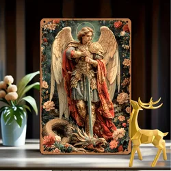 Vintage Archangel Michael Metal Sign, Heroic Dragon Slayer Art, Christian & Islamic Wall Decor for Home, Yard, Bedroom