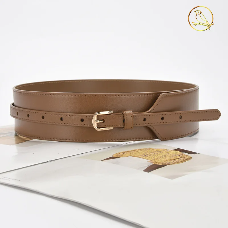 เข็มขัดหนังแท้กว้าง 5.8 ซม. หัวเข็มขัดแบบหมุด ดีไซน์ทันสมัย สไตล์วินเทจ สำหรับตกแต่งเสื้อโค้ท ชุดเดรส เข็มขัดรัดเอวสูงสำหรับผู้หญิง