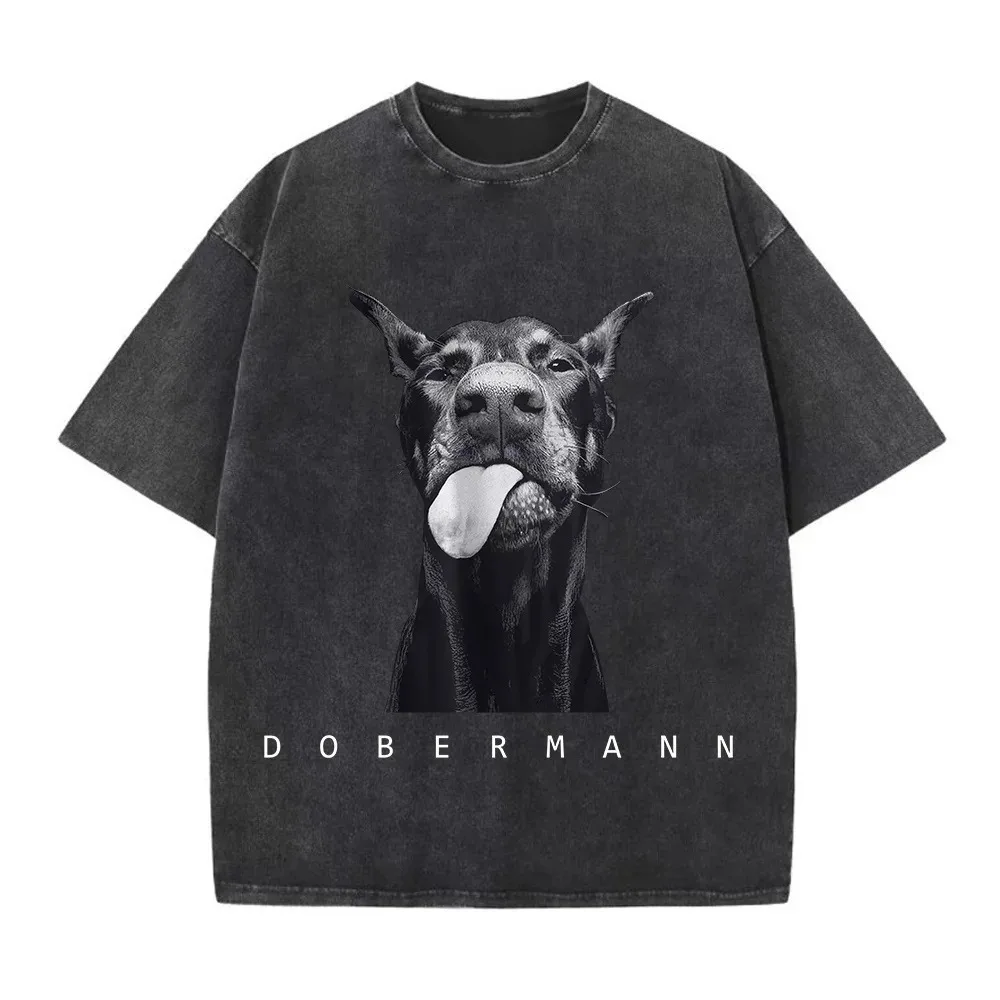 

Vintage washed cotton fashion creative Durbin print o-neck loose and personalized winter versatile T-shirt