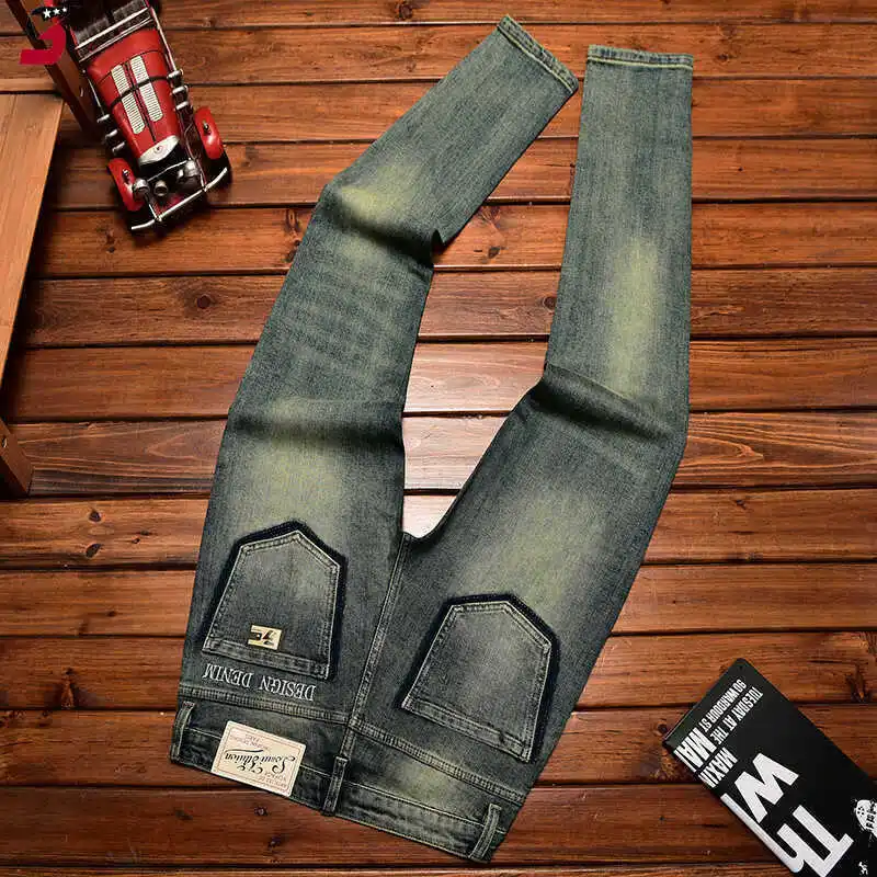 

Мужские джинсы 2026 в стиле ретро с вышивкой, весенне-осенние, эластичные, облегающие, с узкими штанинами, модные