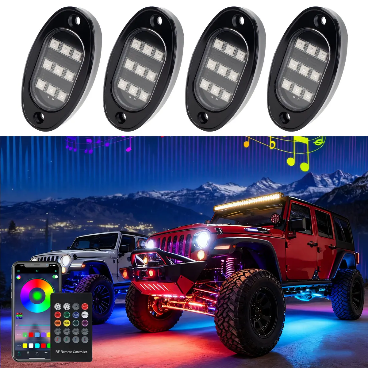 

4/8/10PCS LED Rock Lights Kit APP Remote Control Car Underglow Chassis Light Decorative Lamp for Offroad Truck SUV 4x4 ATV Boat