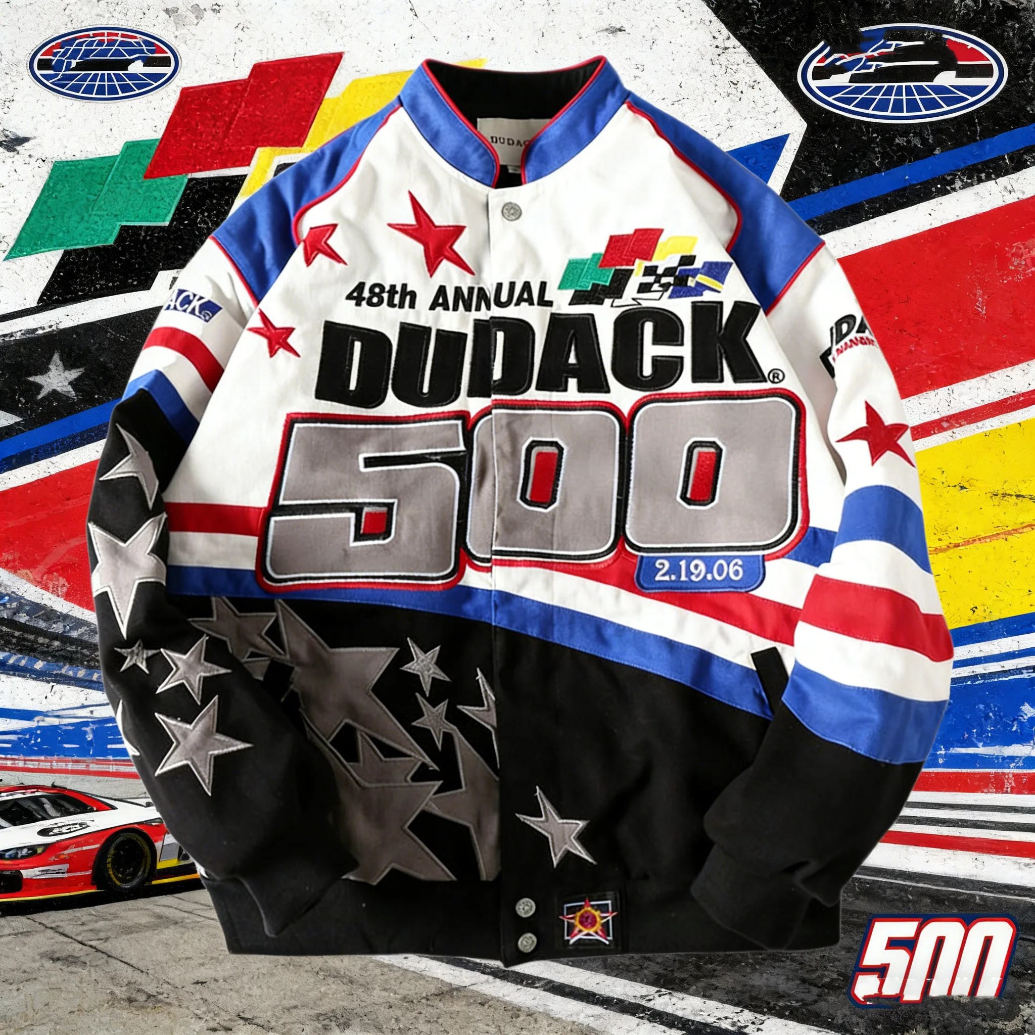 New trendy casual American racing atmosphere heavyweight cotton retro stand up collar embroidered baseball jersey
