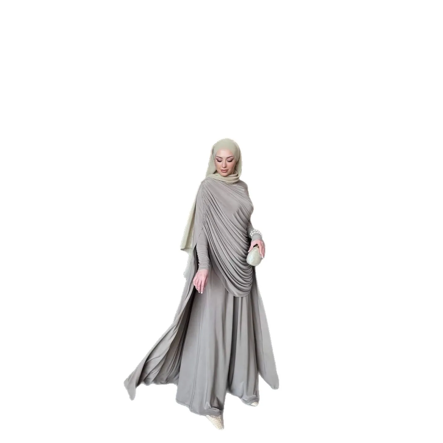 

European and American women's fashion casual suit asymmetrical pleated cape style long sleeved top high waisted pants set