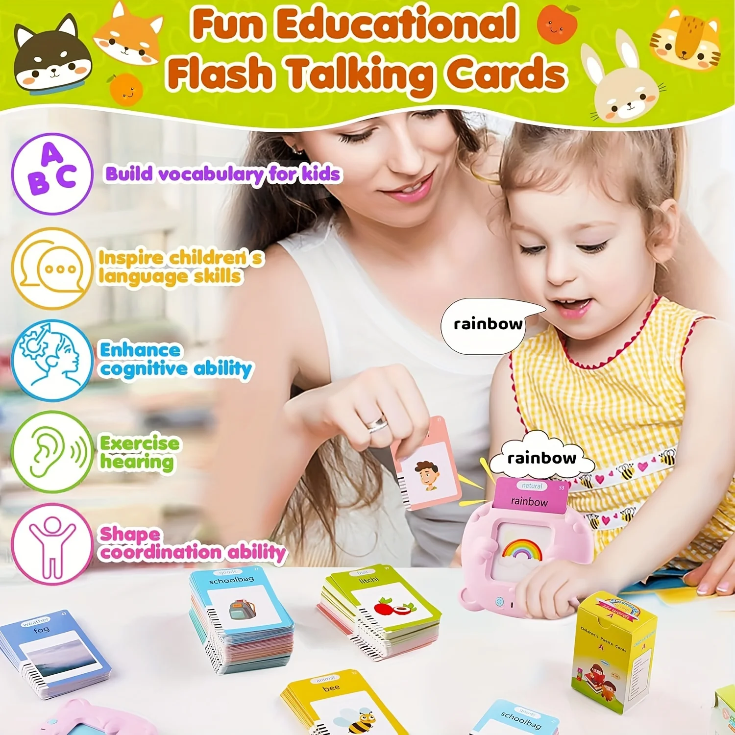 Language Study Toy, Talking Flash Cards Early Educational Speech Toys Baby Boys Girls, Children Words Reader Preschool Learning