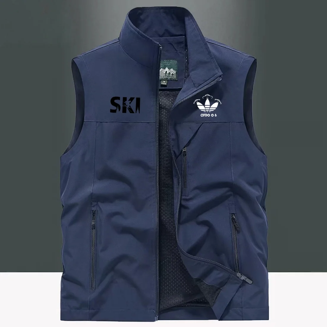 Four Season Casual Skiing Style Letter Printed Stand Up Collar Vest For Men With Zippered Pockets, Outdoor Cycling Photography s