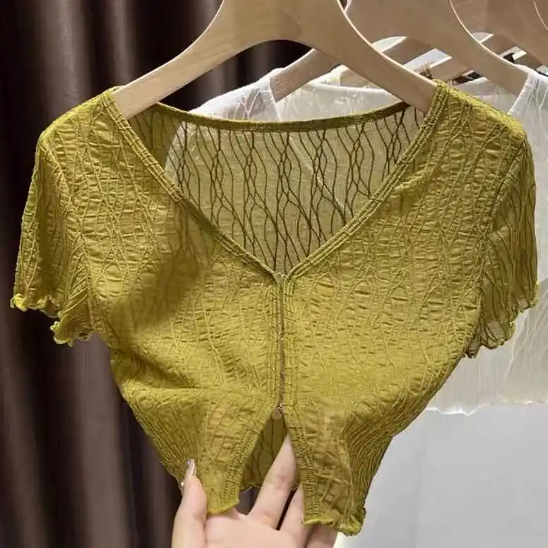 

Ele Ice Silk Me ort Sve Кардиган с кружевной отделкой, женский летний тонкий кардиган с бретелями, верхняя одежда, облегающий открытый кардиган