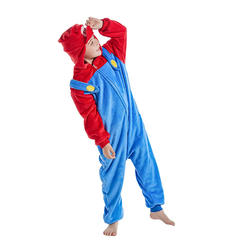 Super Mario Bros Cartoon Children Adult One-piece Pajamas Cute Luigi Homewear Children Warm One-piece Pajamas Christmas Gift