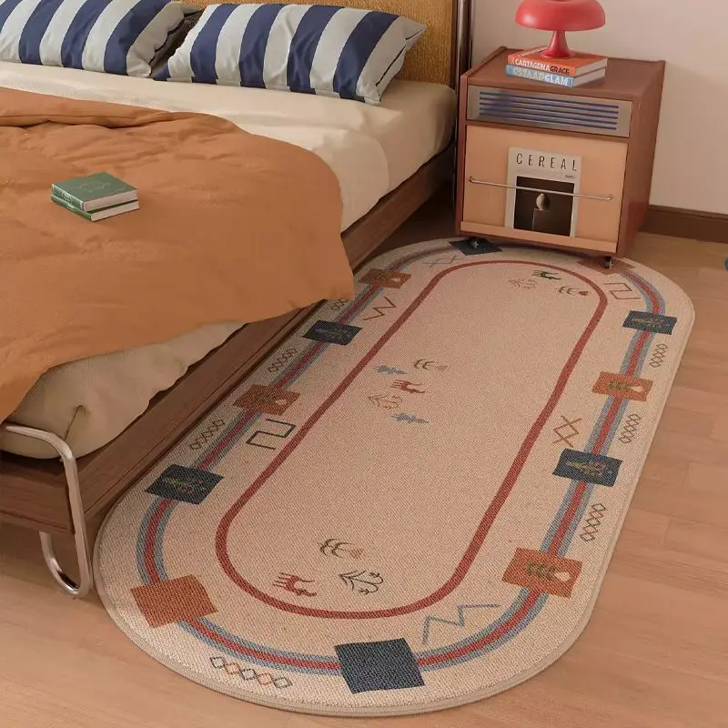 Retro Contrasting Striped Oval Long Carpet Bedside Runner Non Slip for Living Room Bedroom Hallway Study Bay Window Home Decor